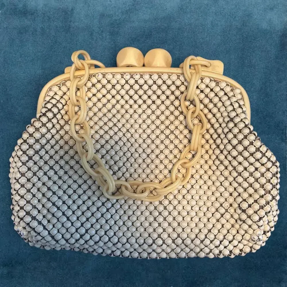 Whiting & Davis Alumesh Enamel Handbag Lucite Frame Handle & org Change Purse.